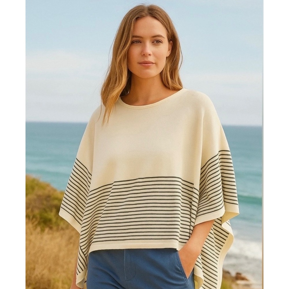 Vineyard Vines Poncho Sweater Tunic Pullover White Navy Striped 100% Cotton